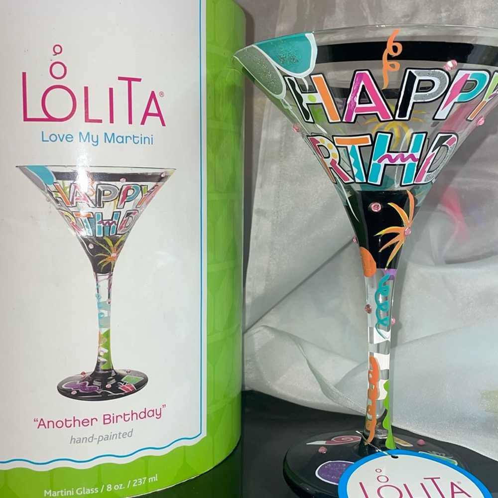 RARE- Lolita Hand Painted Martini Glass “Another Birthday”  RETIRED 2016